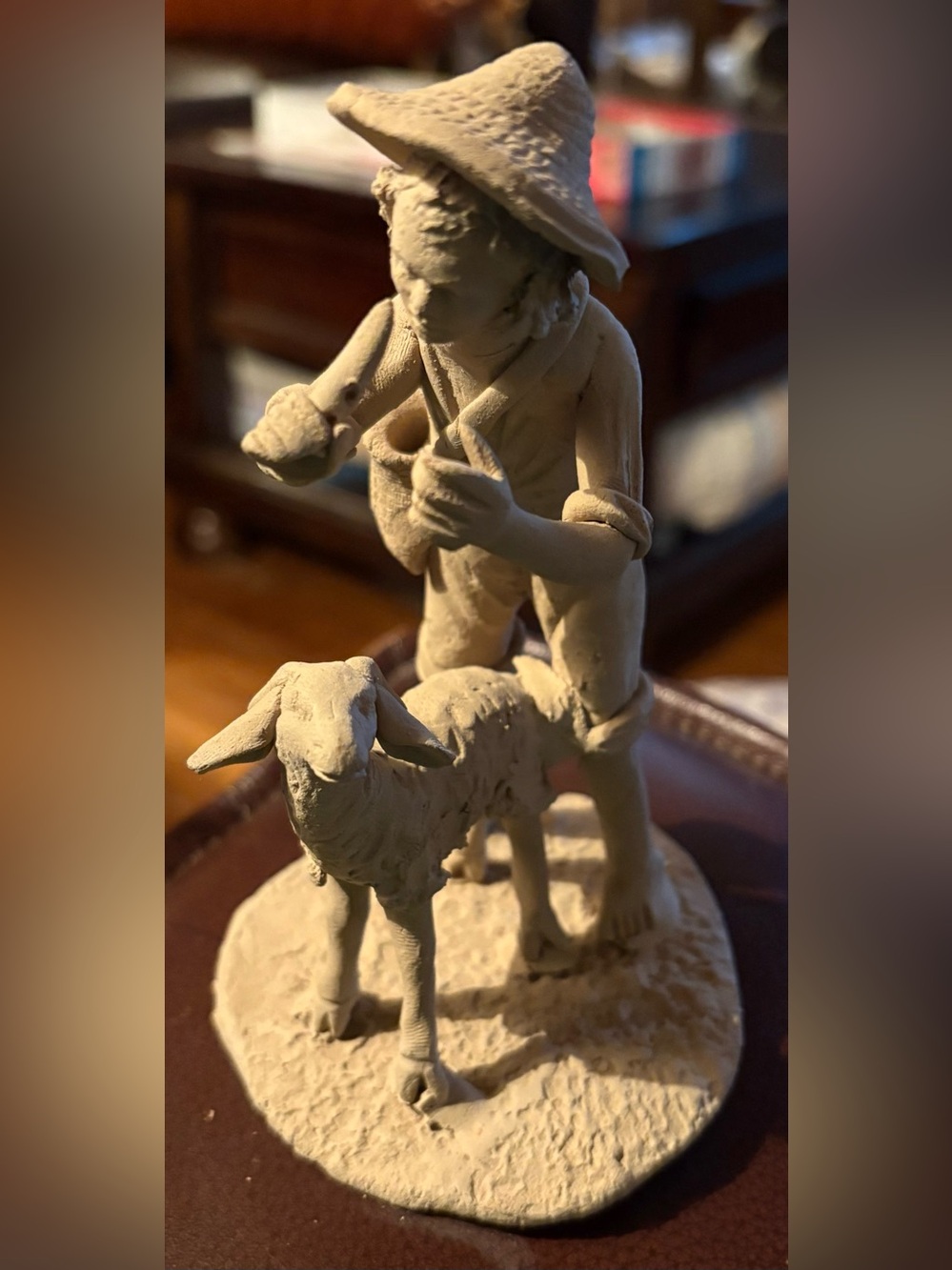 Tlaquepaque Bisque Lamb Farmer w/Flute